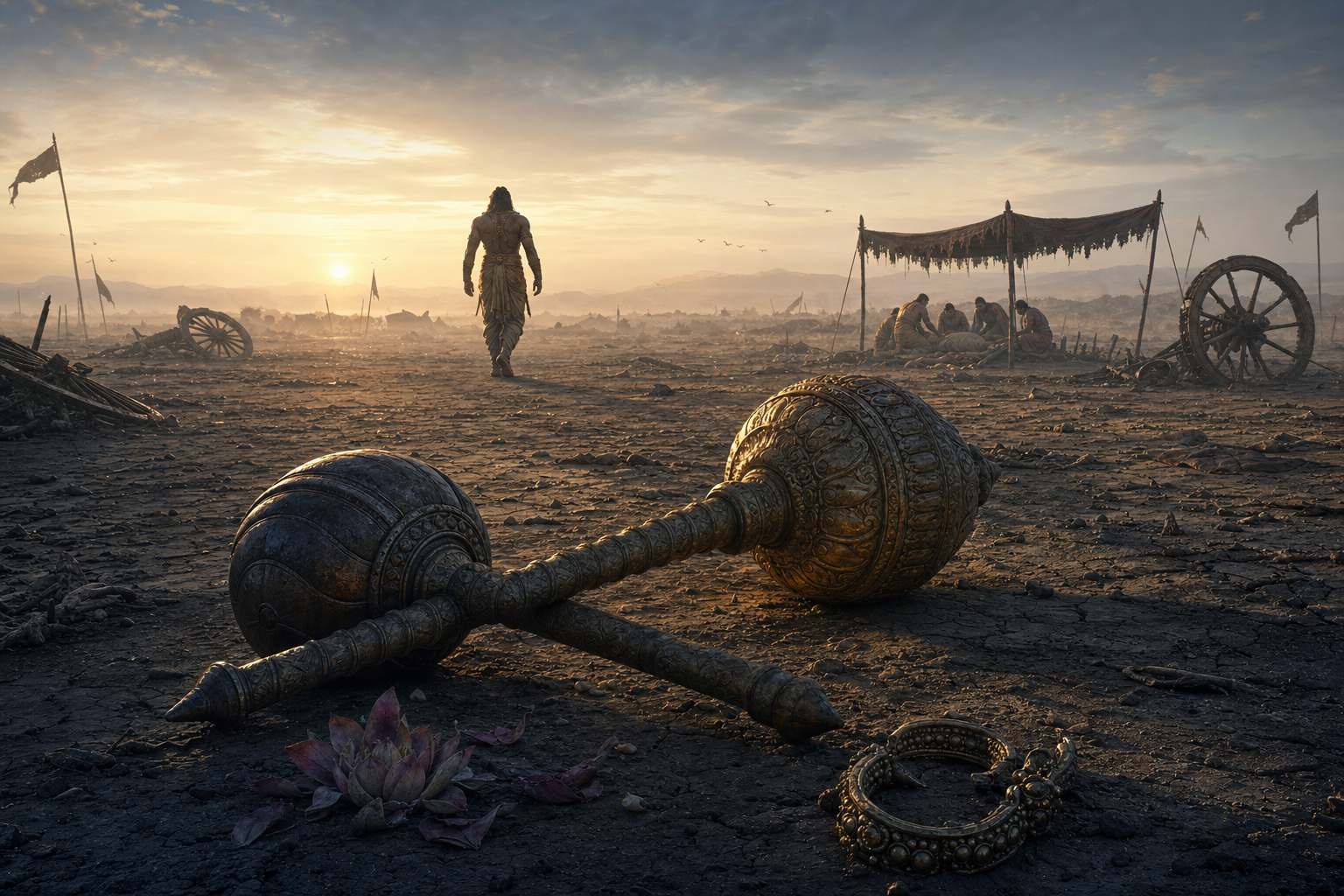 Two maces, a broken anklet, and a crushed lotus lie on a quiet battlefield while one warrior walks away and others attend a fallen fighter at dawn.