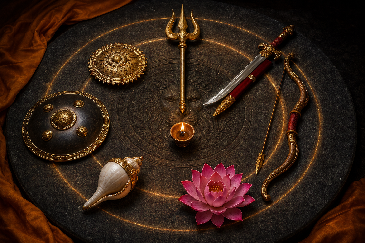 A trident, discus, sword, bow, arrow, conch, lotus and shield are arranged around a central oil flame on a carved stone platform.