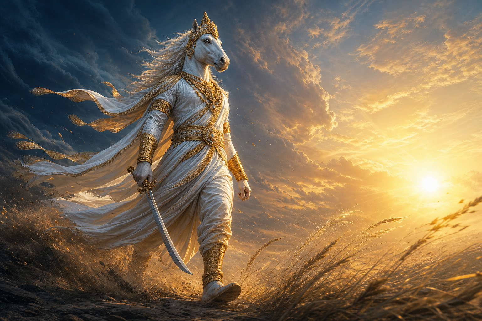 A horse-headed divine warrior strides toward a sunrise as wind lifts his garments and bends the surrounding grass.