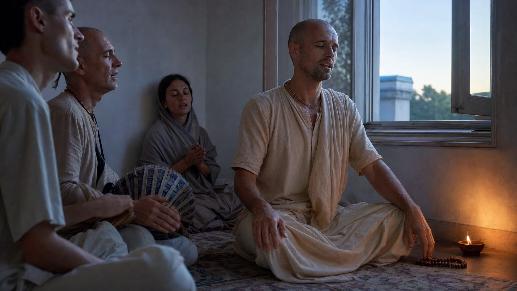 A subdued kirtan leader chants steadily with a small group beside a dawn-lit window and a single oil lamp.