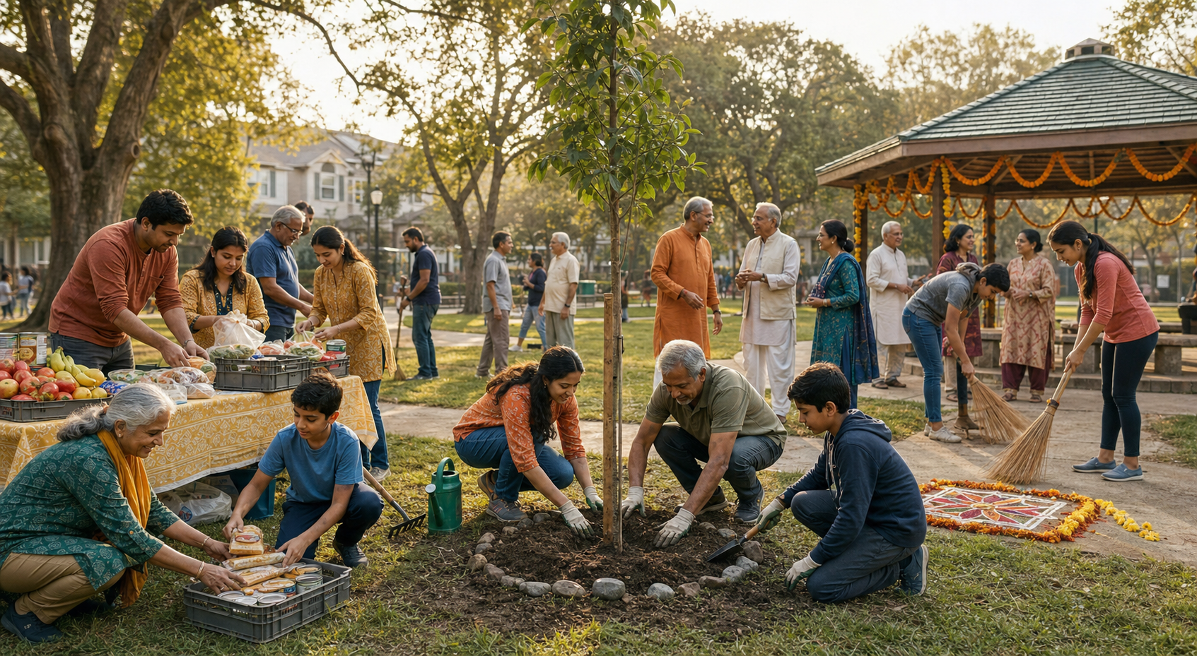 Intergenerational volunteers plant a tree, organize donated food, and clean a neighborhood park during a community service day.