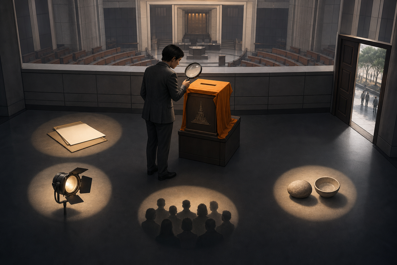 A citizen uses a magnifying lens to examine a saffron-draped donation box while five illuminated clues surround the scene.