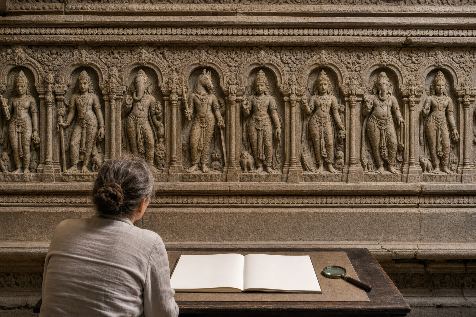 A conservator examines a temple frieze containing several divine figures, including one with a horse's head.