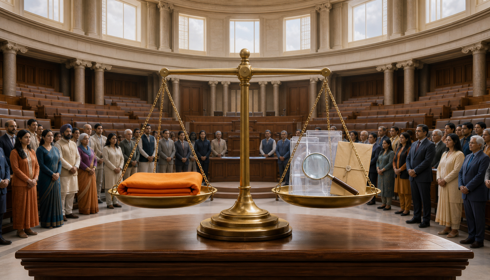A level brass scale holds folded saffron cloth on one side and financial records with a magnifying glass on the other in a legislative chamber.