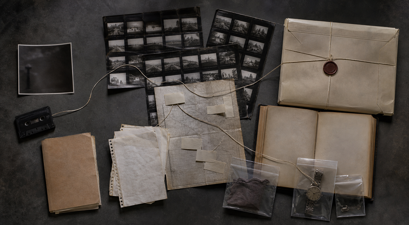 A table displays an indistinct photograph, cassette, contact sheets, map, files, ledger, and preserved artifacts arranged from isolated clues to corroborating records.