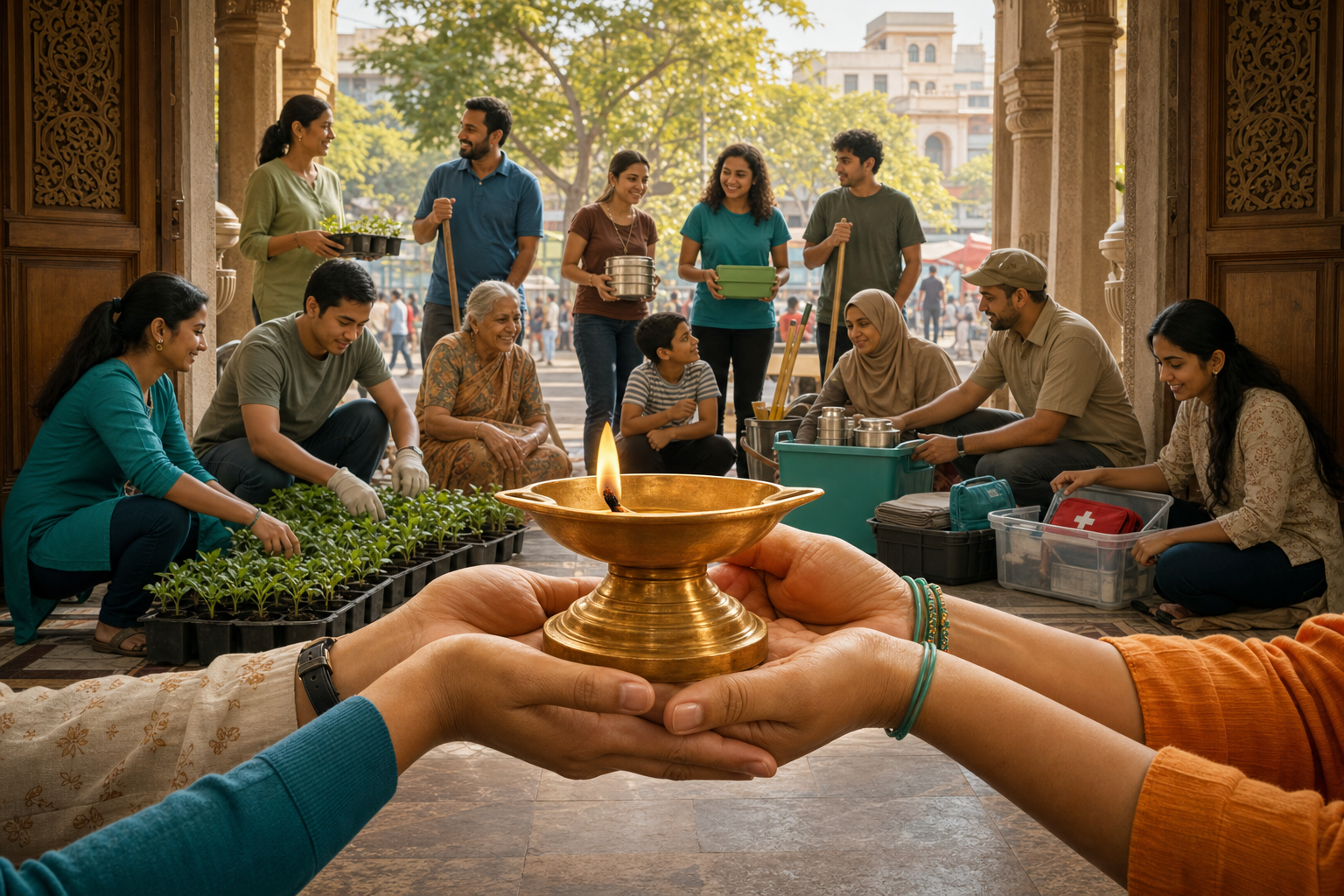Neighbors gather around a lit brass lamp and community service supplies at the entrance to a public square.