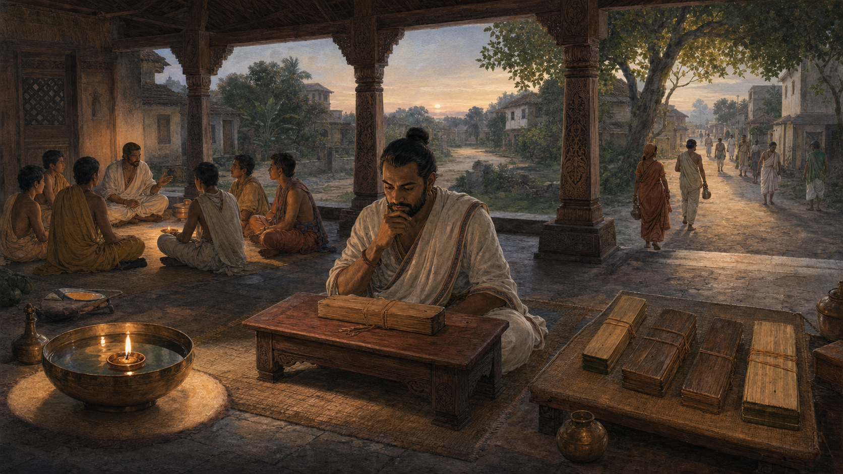 A reader sits before a closed palm-leaf manuscript while separate illuminated scenes show oral teaching, an oil flame, community life, and scholarly comparison.
