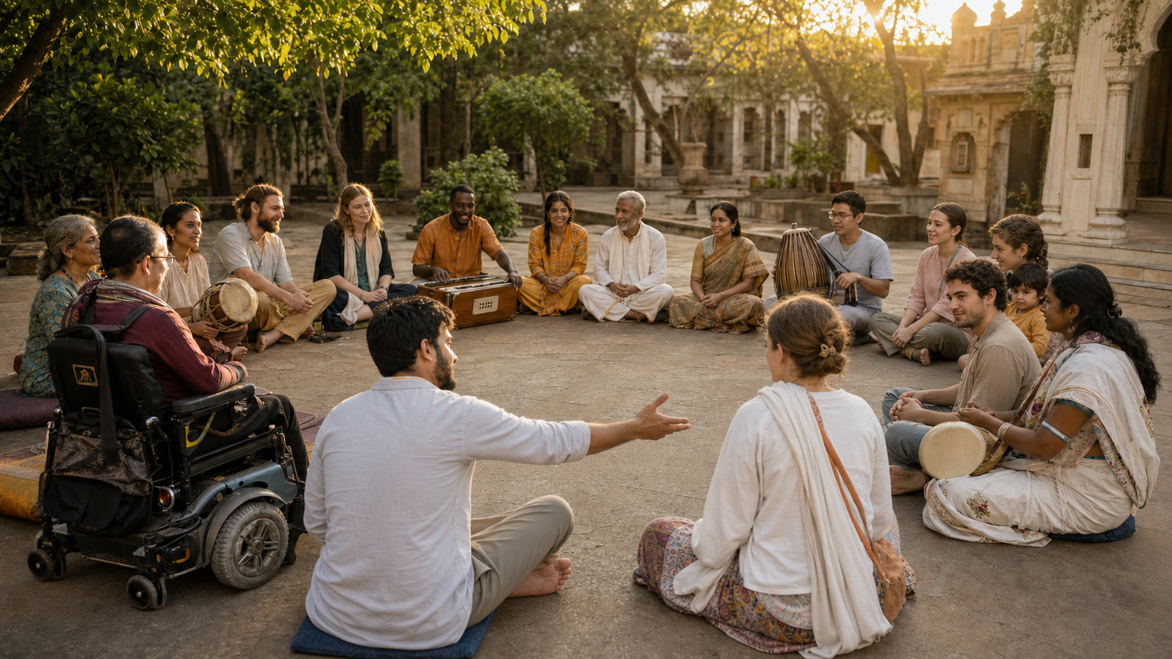 A diverse group chants in an open courtyard circle as the kirtan leader welcomes a newcomer and participants share instruments.
