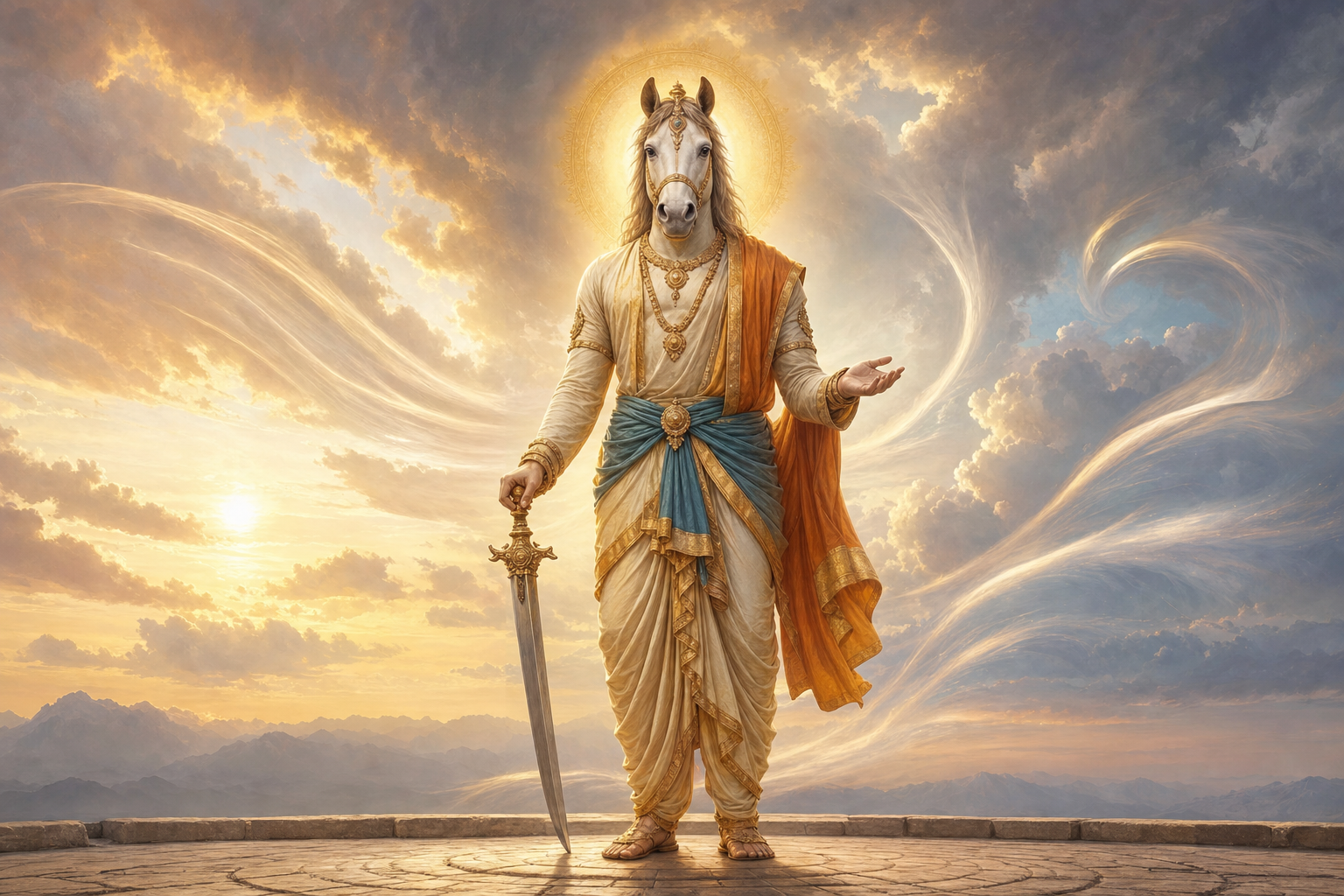 A calm horse-headed divine figure stands with a lowered sword and an open hand before a clearing dawn sky.
