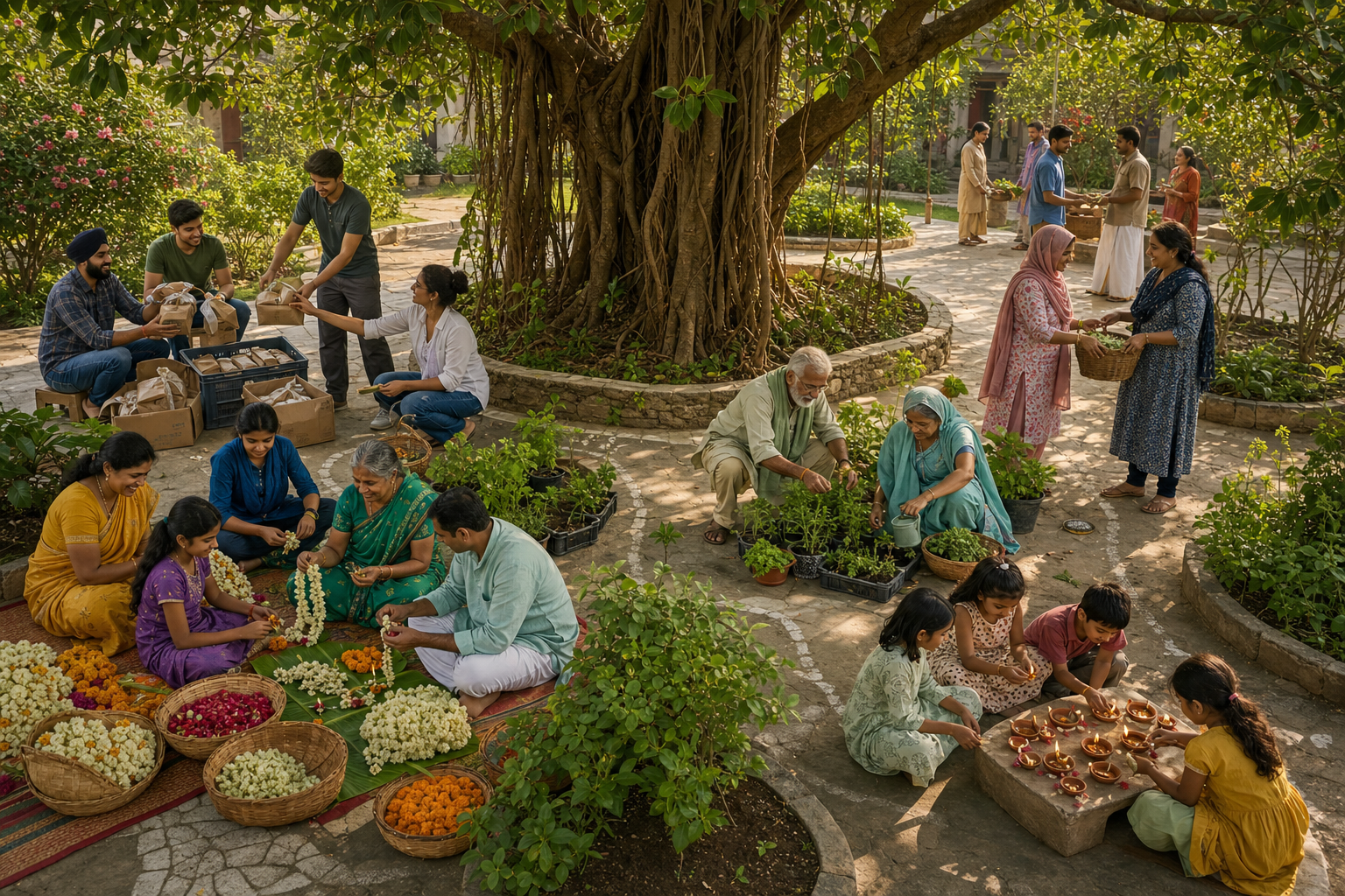 Families and volunteers carry out different cultural and service activities together beneath a large banyan tree in a shared courtyard.