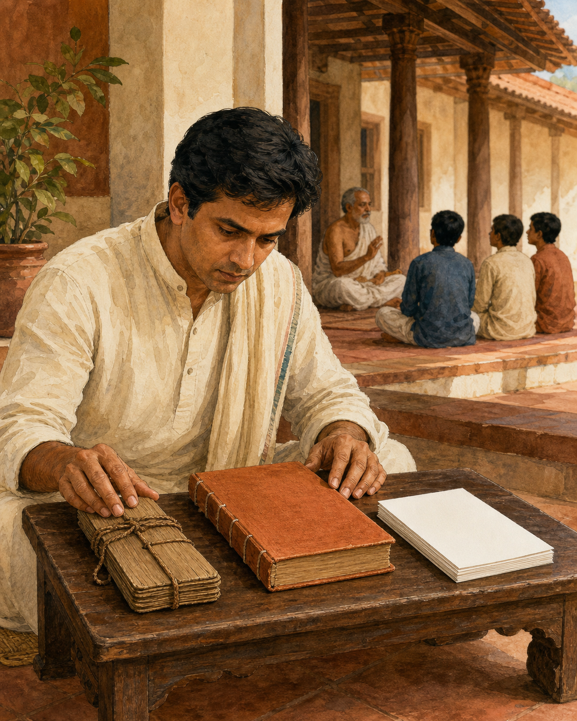 A reader examines three unlabeled source bundles of different formats on a low table while an oral recitation lesson takes place behind.