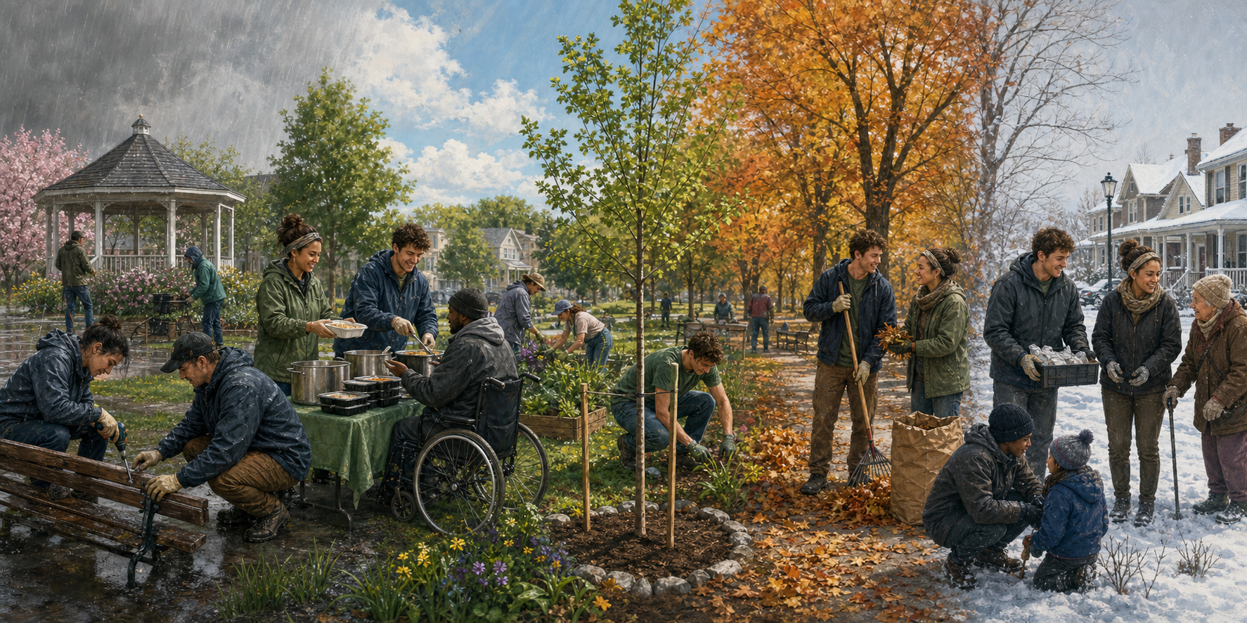 The same group of volunteers returns through four seasons to maintain a garden, repair a bench, distribute meals, and assist neighbors.