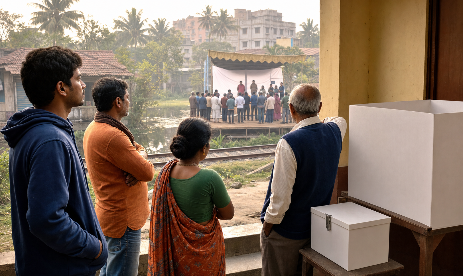 A diverse group of Bengali voters thoughtfully observes a modest political gathering from outside an unbranded polling station.