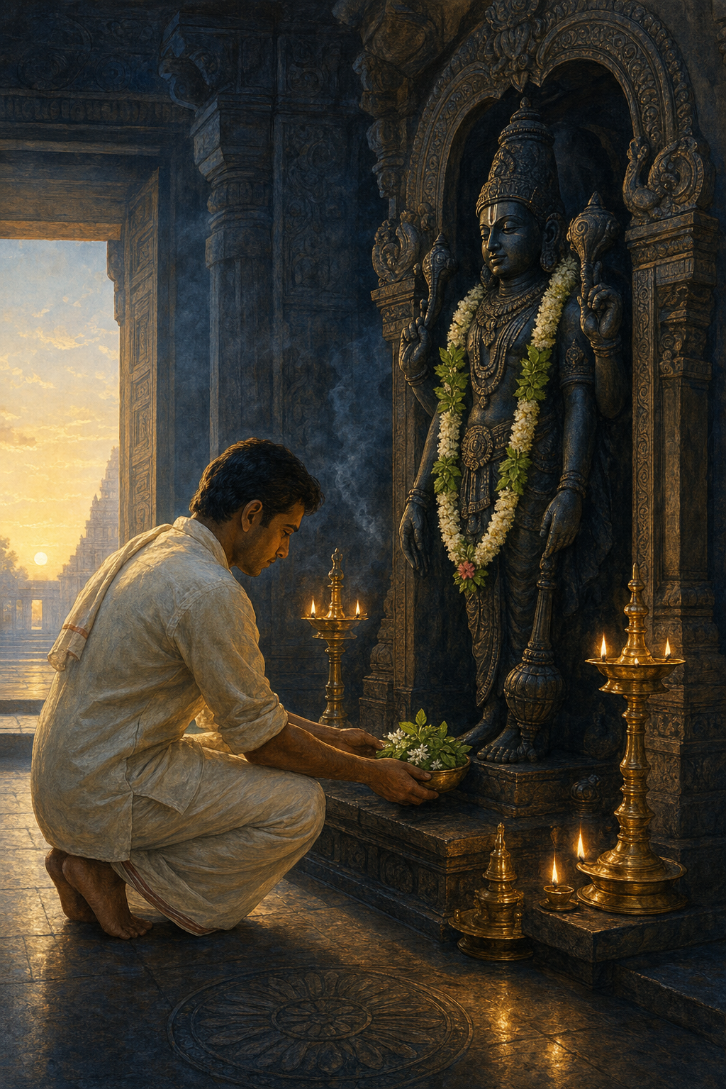 A devotee offers tulsi leaves and white flowers before a Vishnu shrine in a quiet temple lit by dawn and brass oil lamps.