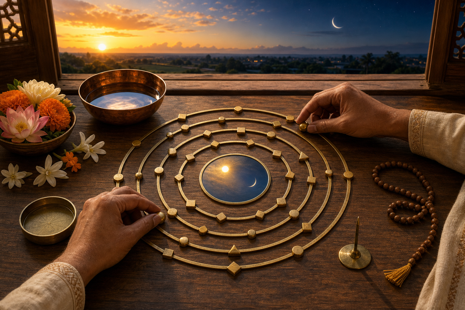 Hands align five concentric brass rings with geometric markers beside a compass, sundial pin, prayer beads, flowers, and an open view of the local horizon.
