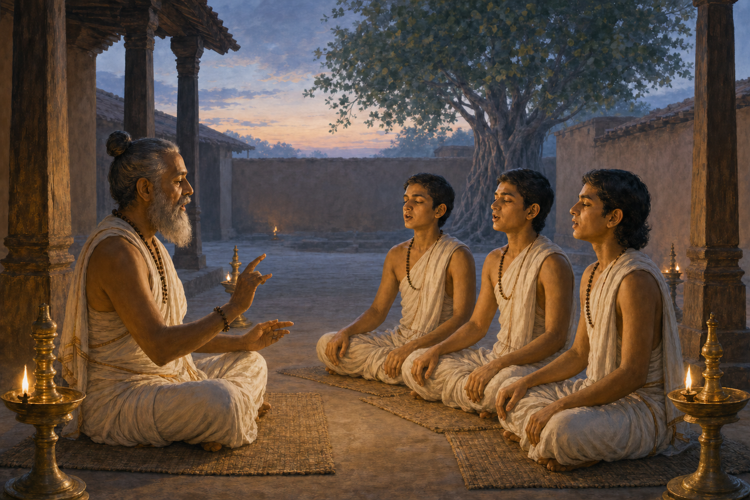 A teacher uses measured hand beats while three students recite together without books in a courtyard at dawn.