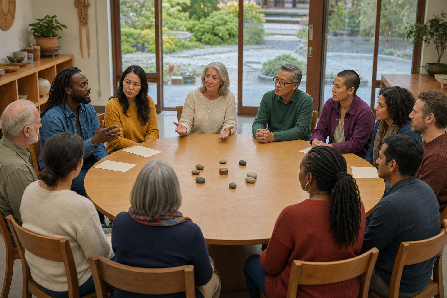 Community members sit as equals around a circular table while a facilitator guides a respectful disagreement.