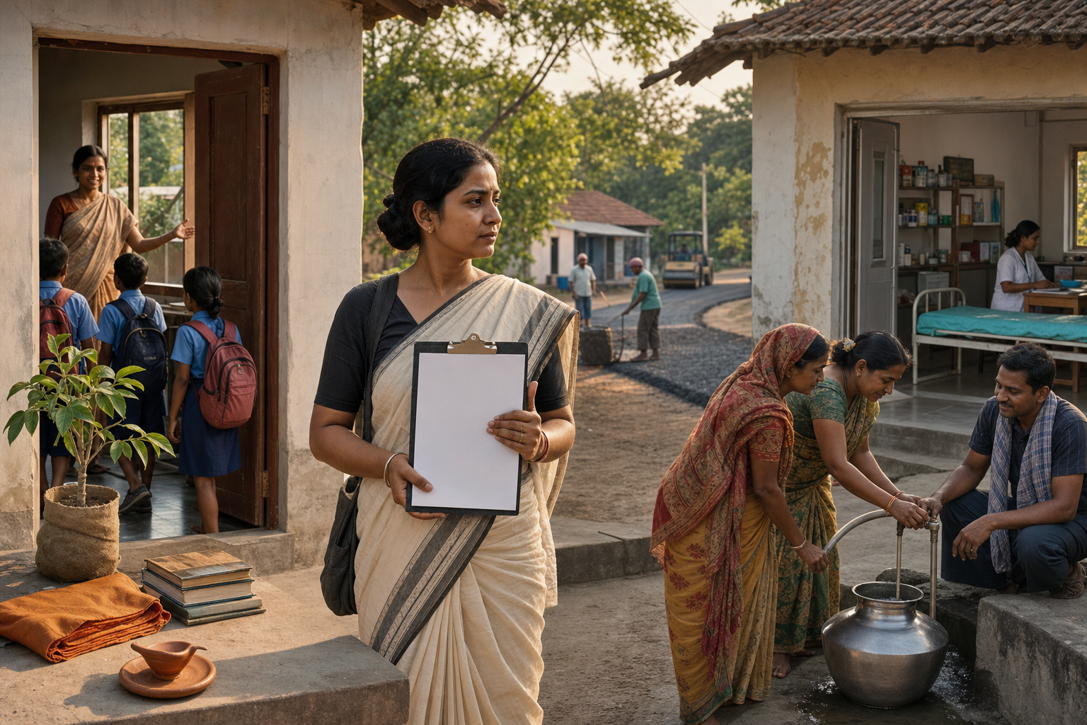 A Bengali voter compares symbolic cultural objects with functioning water, health, road, and school services in a community courtyard.