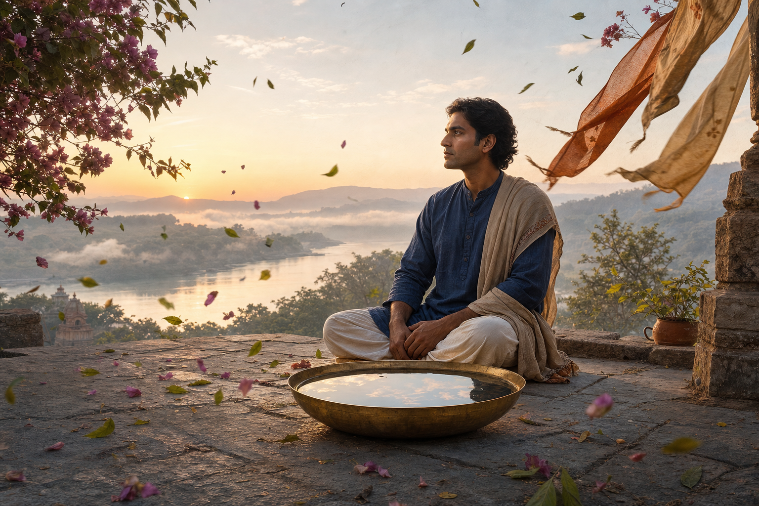 An attentive person sits on a stone terrace at dawn beside a brass bowl of still water while wind moves leaves and fabric around them.