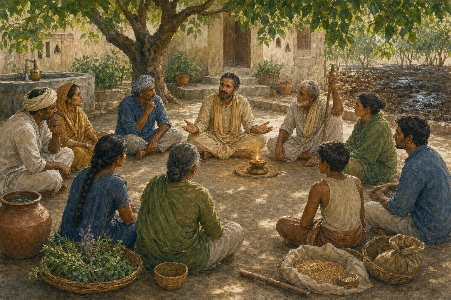 A seated counselor listens to community members around a shared water vessel, with grain, herbs, dry soil, and rain-darkened soil nearby.
