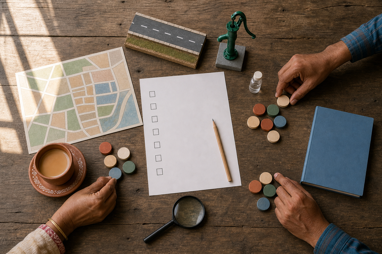 Voters' hands sort blank candidate tokens beside an unlabeled map and miniature symbols of roads, water, health care, and education.