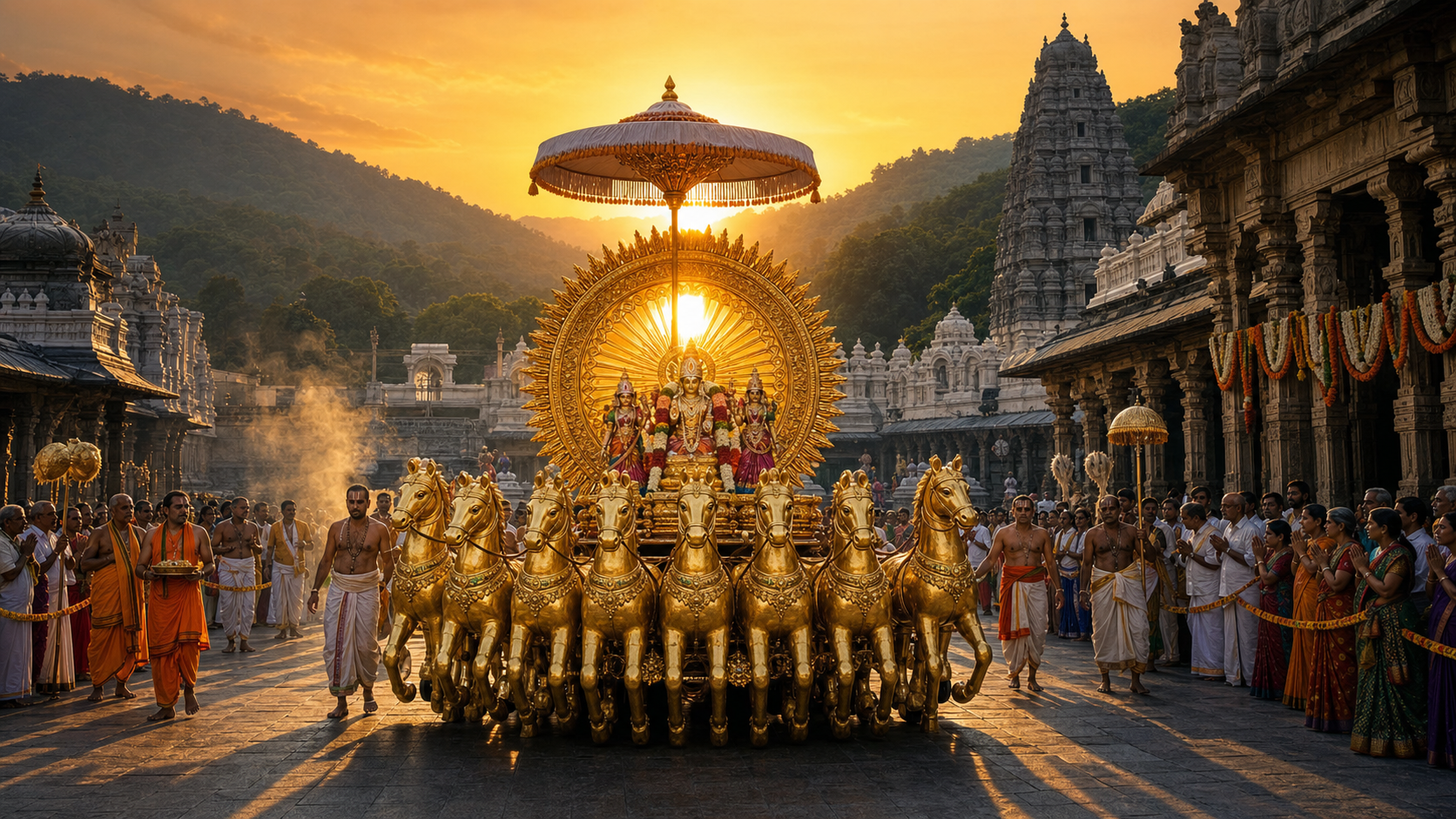 A golden sun-disc vahana carrying processional deities moves through a South Indian hill-temple courtyard at sunrise as priests and devotees accompany it.