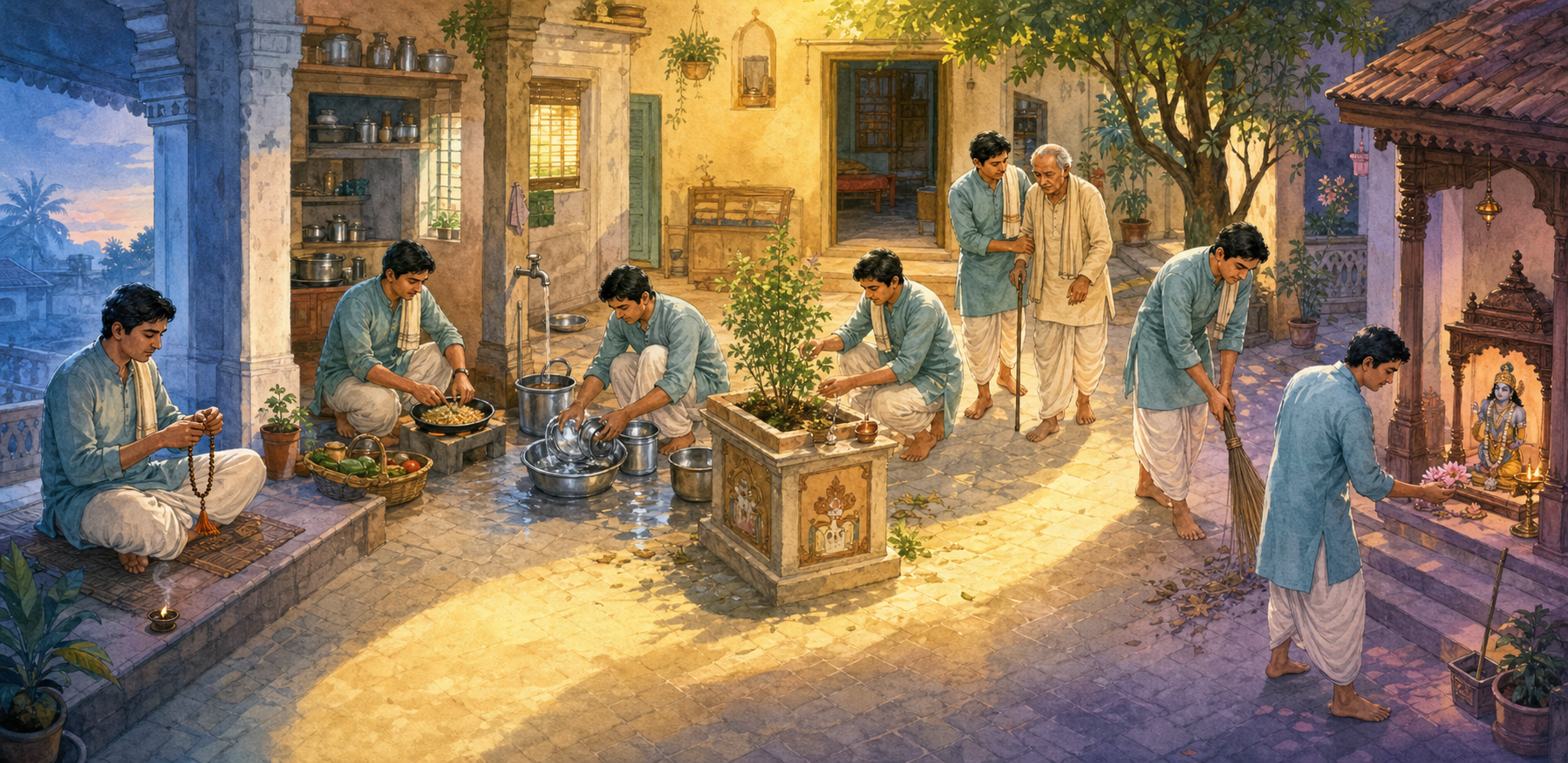 One devotee chants at a home shrine, prepares food, serves an elderly relative, and sweeps a temple courtyard as part of a daily routine.