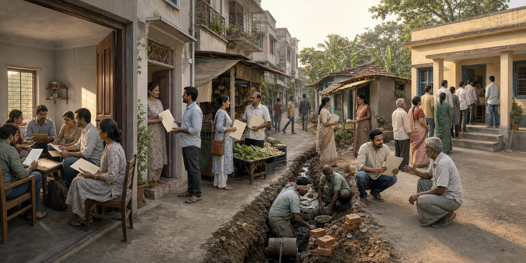 A panoramic Bengal street scene follows volunteers from a local planning meeting through voter outreach to a polling-station queue.