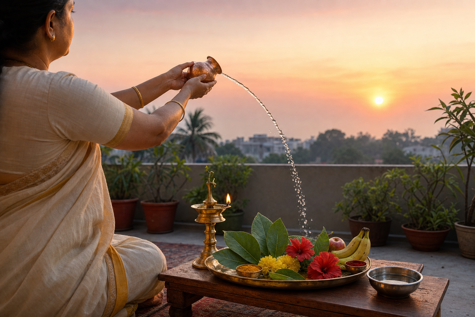 A devotee performs a simple sunrise puja with a brass sun emblem, lamp, copper vessel, flowers, fruit, and arka leaves.