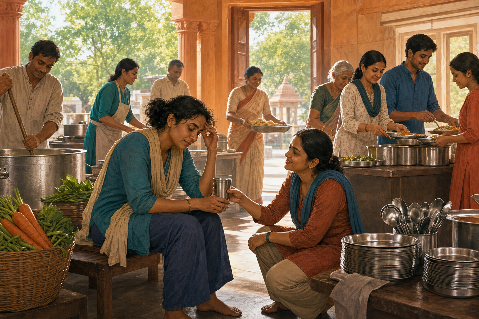A tired temple kitchen volunteer rests and accepts water while other volunteers share the food preparation and serving tasks.