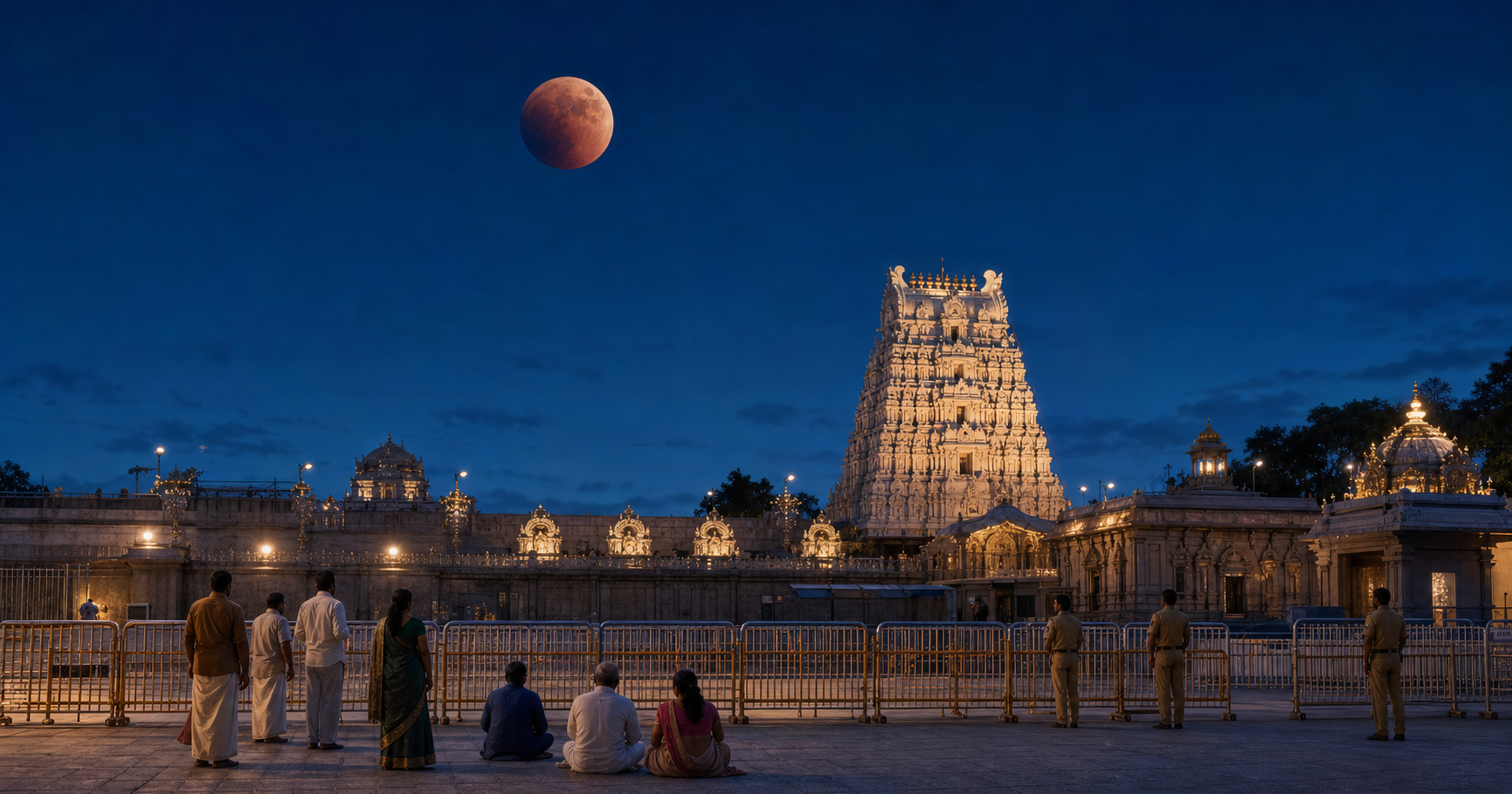 Tirumala temple buildings and closed entry barriers beneath a partially eclipsed moon, with pilgrims waiting quietly outside at dusk.