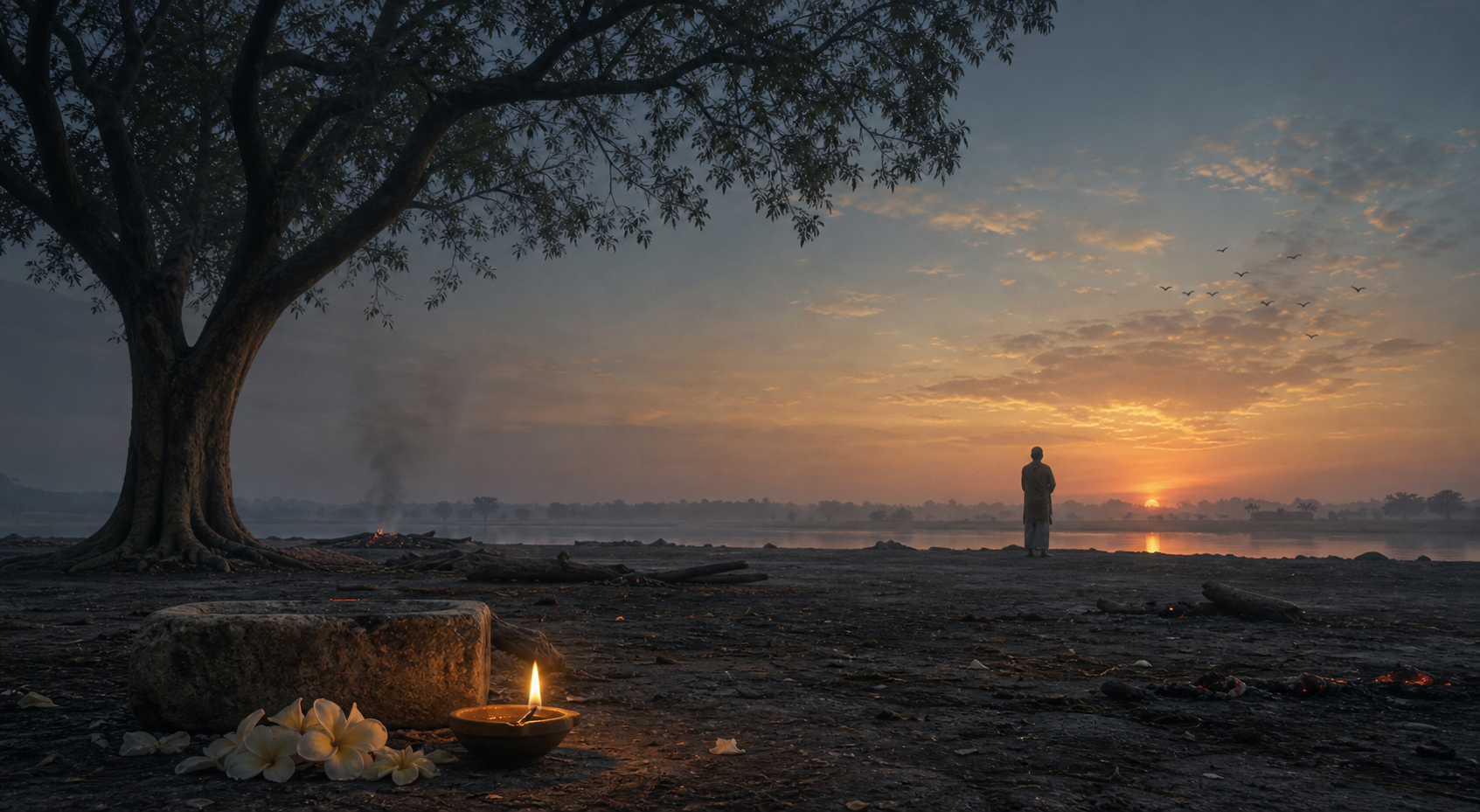 A solitary figure faces dawn in an empty ash-gray landscape with an oil lamp, pale flowers, an ancient tree, faint smoke, and a nearly extinguished distant fire.