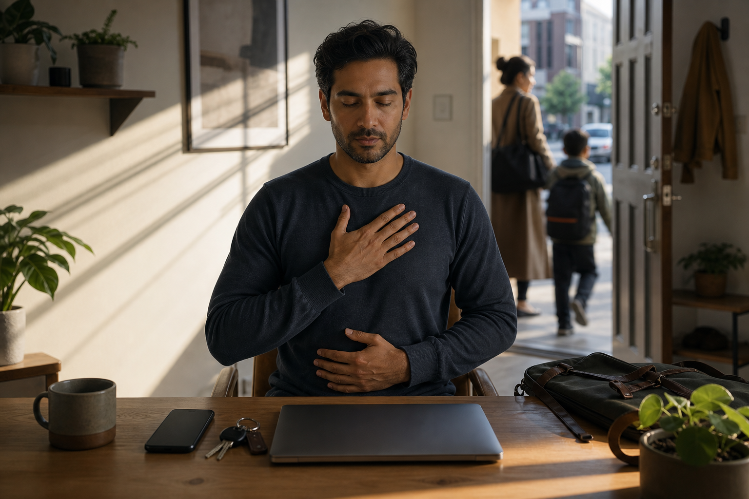 A professional practices quiet breath awareness at a desk while a phone, laptop, keys, and commuter bag wait nearby.