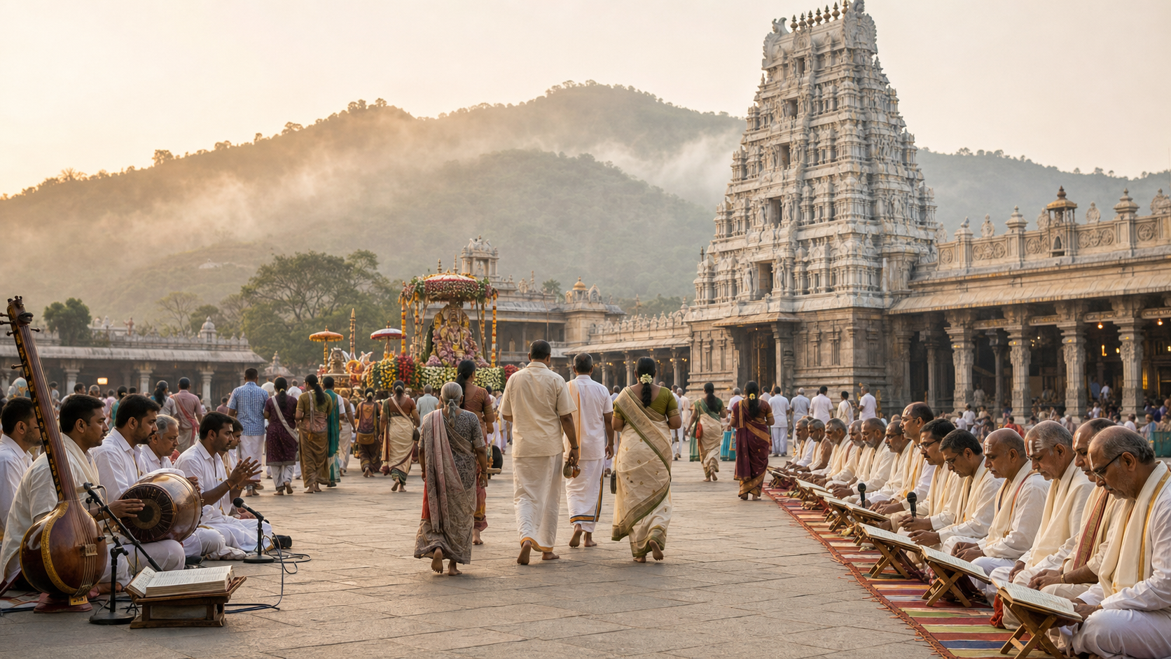 Pilgrims, devotional musicians, reciting Vaishnava scholars, and a temple procession gathered near the Tirumala hills at sunrise.