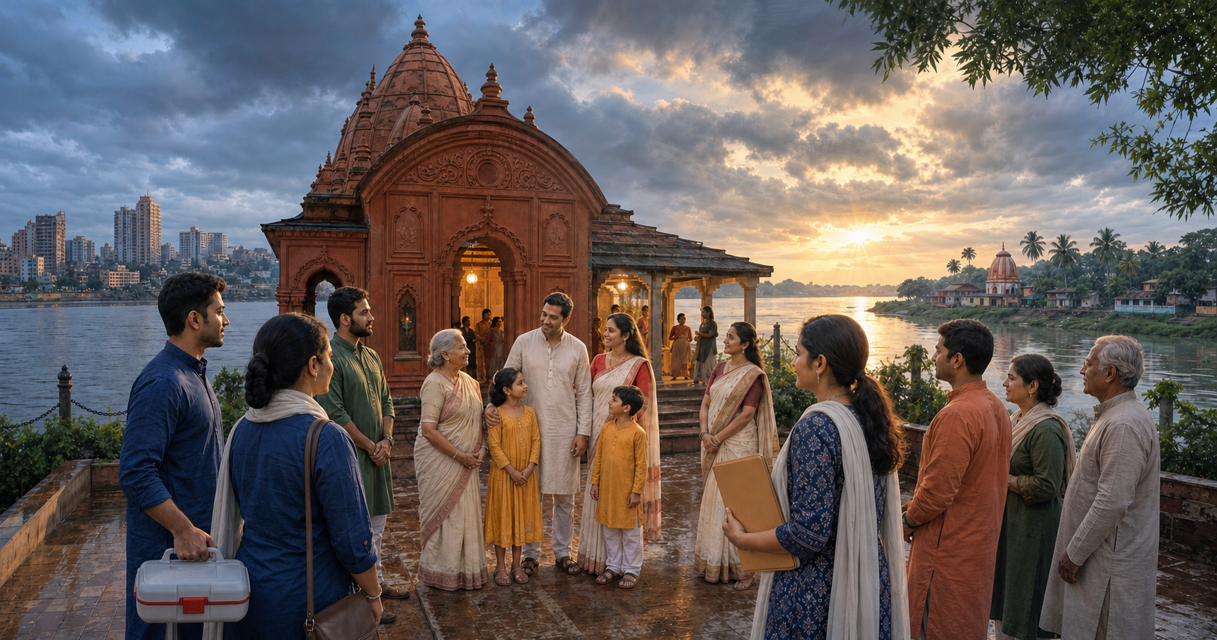 A Bengali Hindu family stands with community volunteers outside a terracotta temple as dawn lights two distinct settlements across a river.