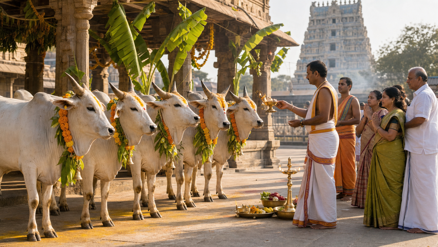 Priests and devotees perform Gopuja around garlanded indigenous cattle in a South Indian temple courtyard in Tirupati.