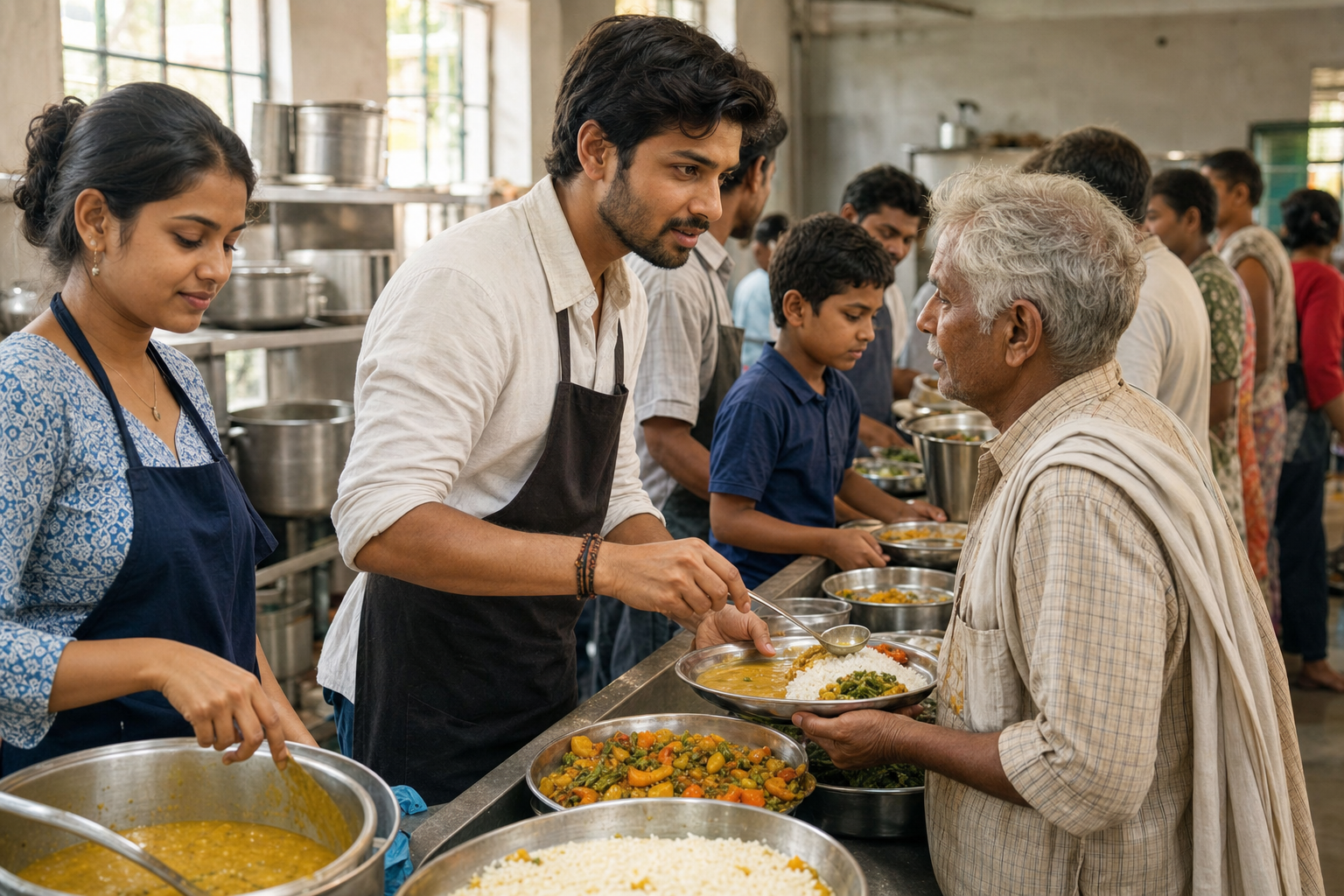 Volunteers prepare and serve meals in a community kitchen while one volunteer listens attentively to an older guest.