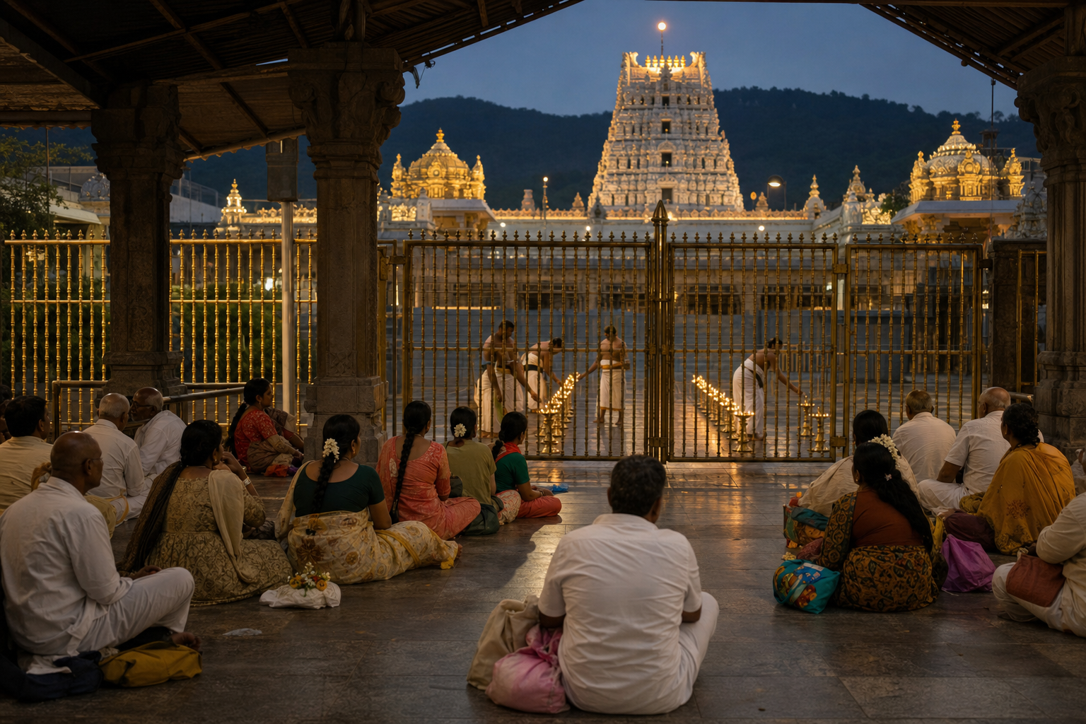 Pilgrims wait in a sheltered area while attendants prepare pathways and lamps behind a closed temple gateway in the evening.