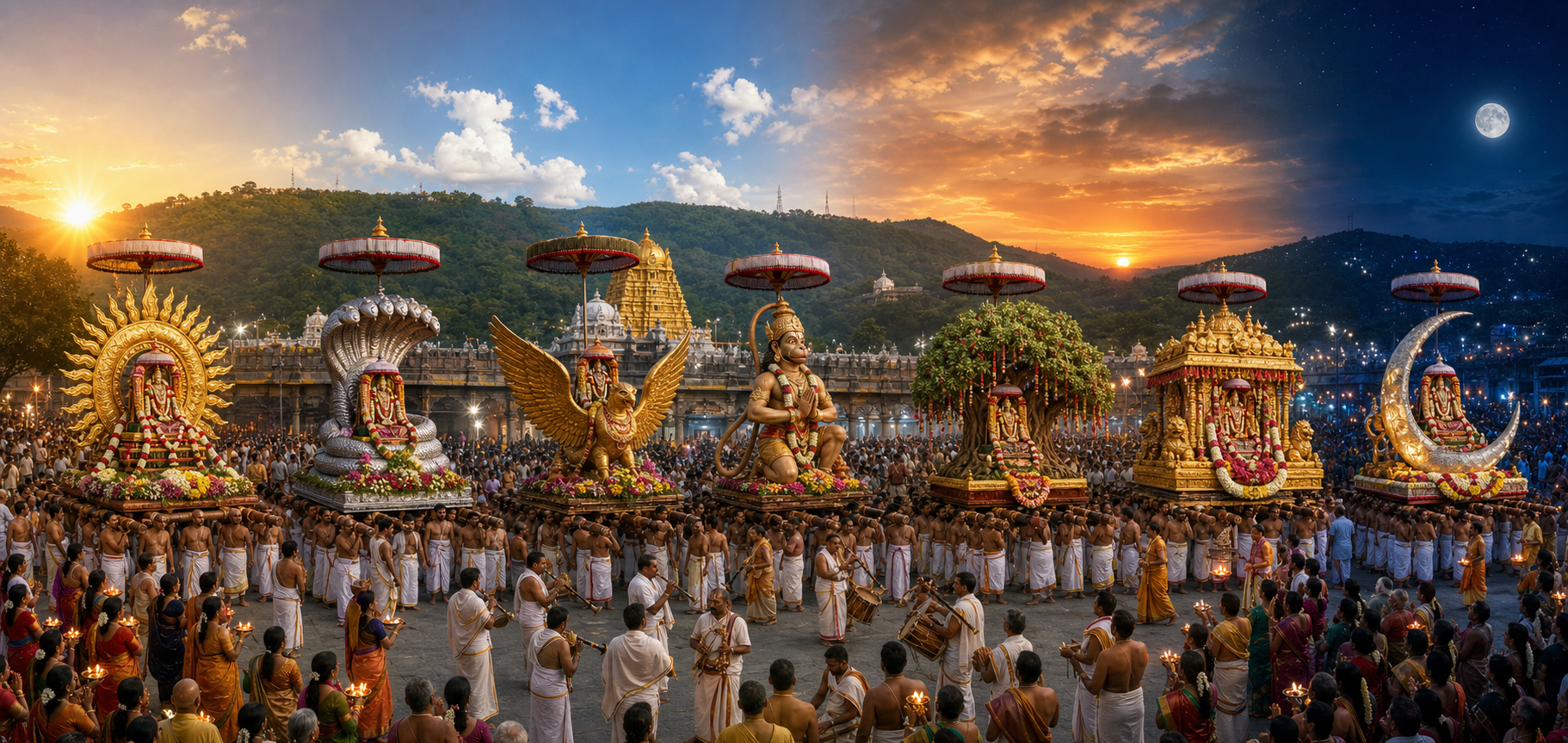 Seven decorated ceremonial vahanams proceed through Tirumala temple streets as the light changes from sunrise to moonlit evening.