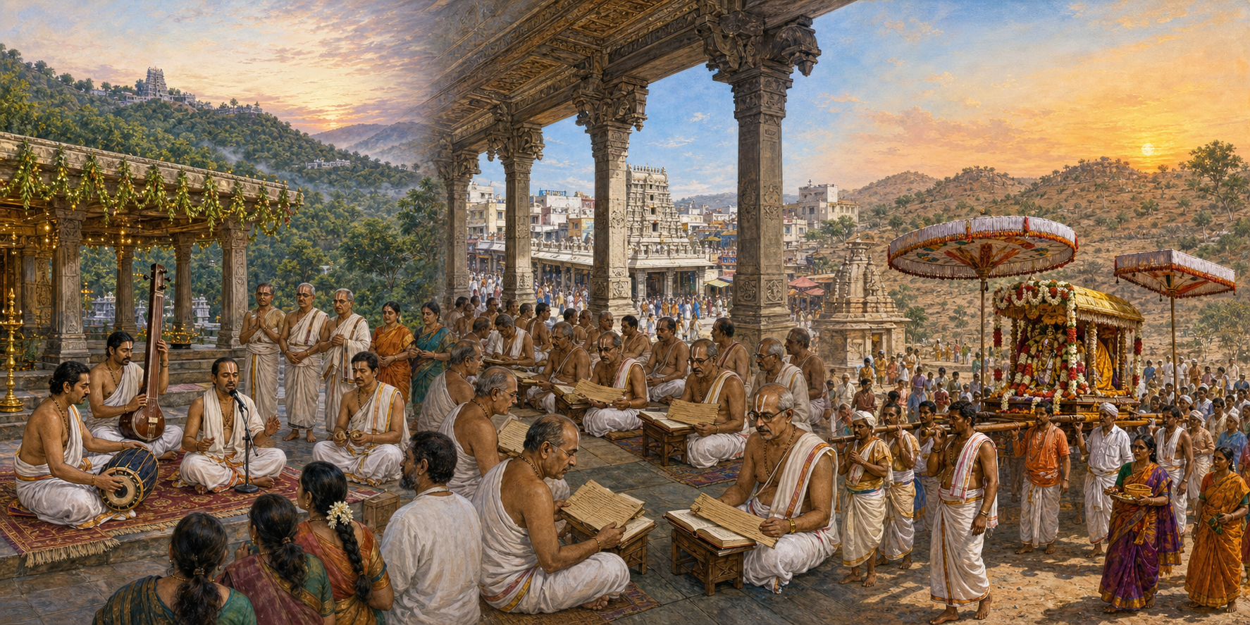 Three illustrated devotional settings show congregational music in Tirumala, sacred recitation in Tirupati, and a rural temple procession in Annamaiah district.