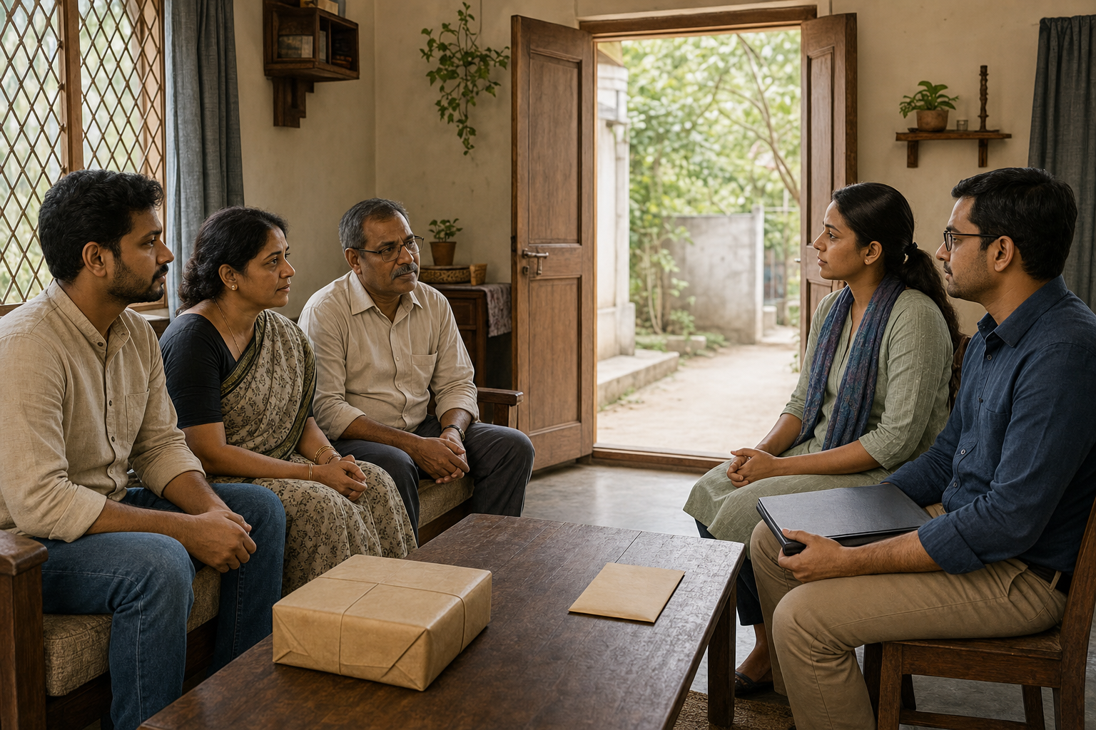 A Bengali family speaks privately with two community caseworkers beside an aid parcel and a closed unmarked folder in a modest home.