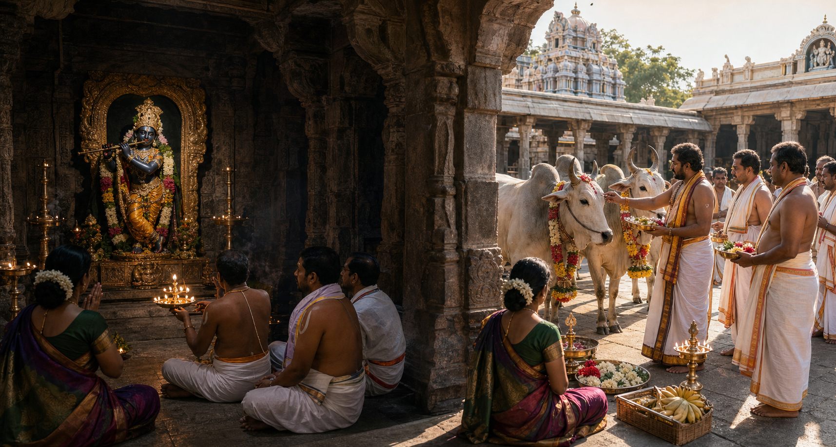 A predawn Venugopala worship scene transitions into a late-morning Gopuja with decorated cattle in the temple courtyard.