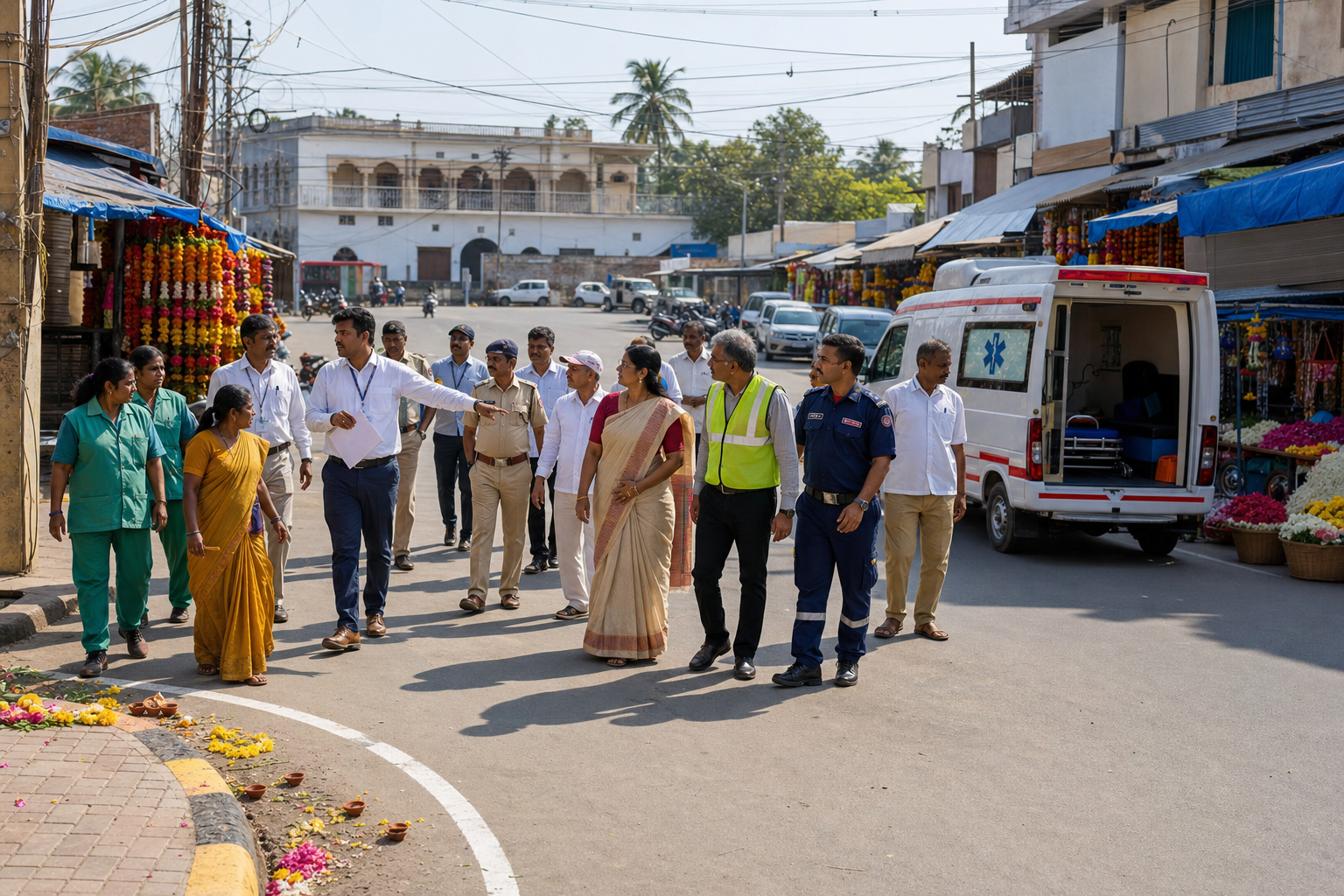 Religious representatives, residents, volunteers, and civic staff coordinate around an unlabeled model of neighborhood streets.