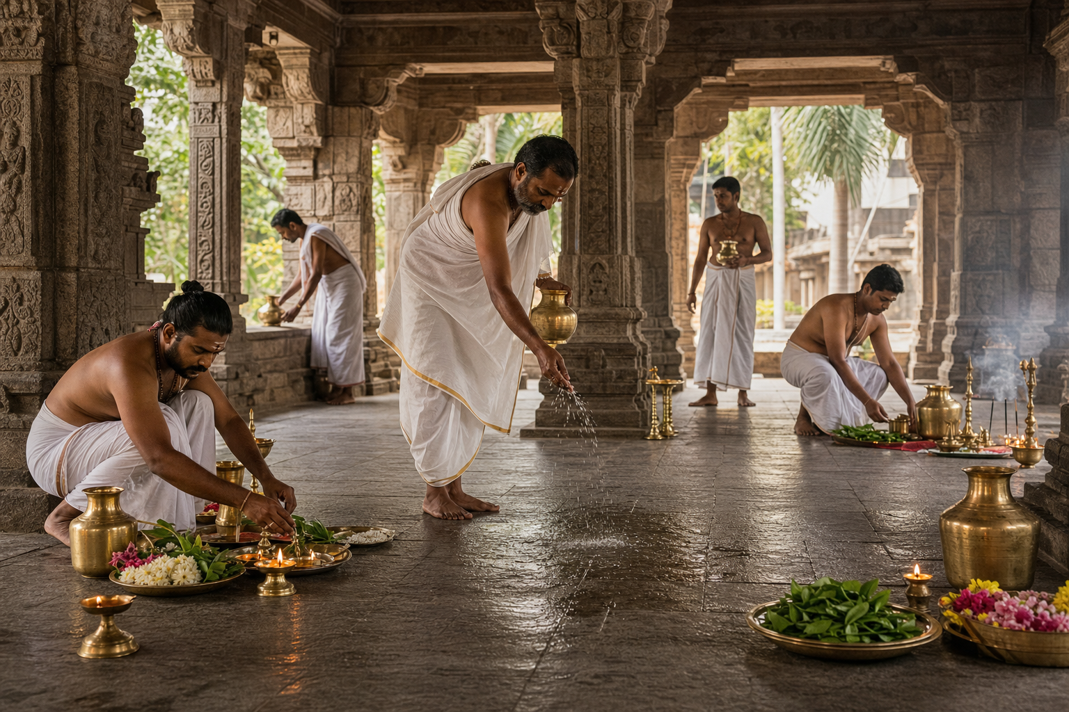 Temple priests arrange brass vessels, flowers, incense, and lamps while purifying a stone mandapa with water.