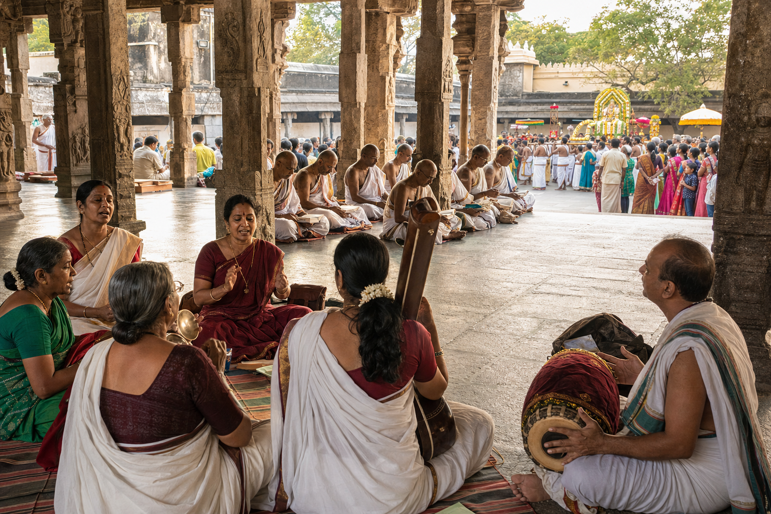 Pilgrims sing devotional songs, scholars recite in a pillared hall, and families watch a temple procession outside.