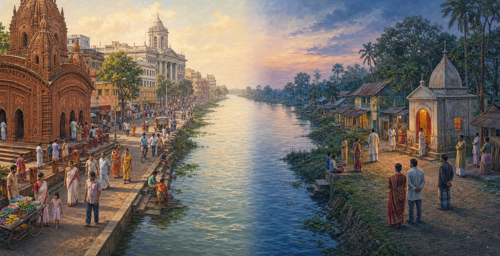 A split scene shows an urban West Bengal temple neighborhood on one riverbank and a smaller Bangladeshi Hindu community around a village temple on the other.