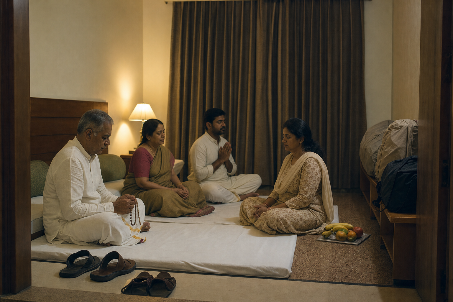 A pilgrim family rests and prays with beads in a simple lodging room while waiting for the temple closure period to pass.