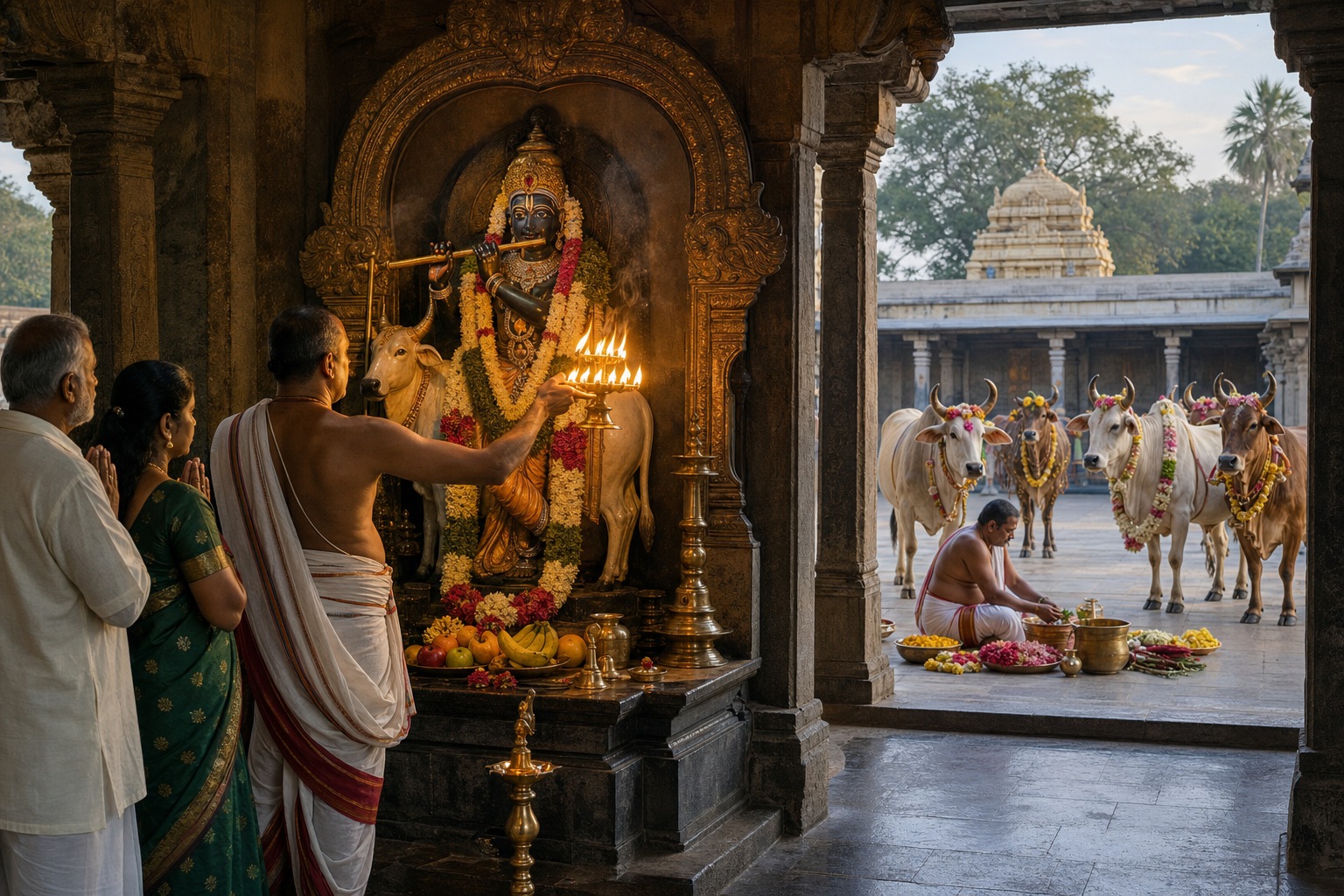 A priest offers a lamp before a Venugopala shrine while preparations for cattle worship take place in the courtyard beyond.