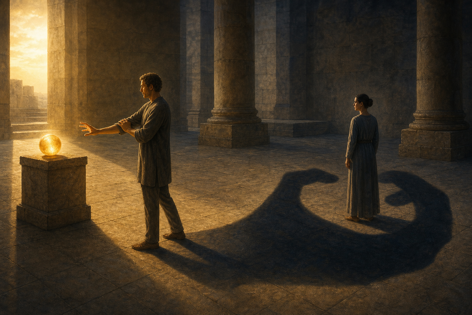 A figure restrains their reaching hand as its shadow becomes a large clenched hand beside a glowing object and another person.