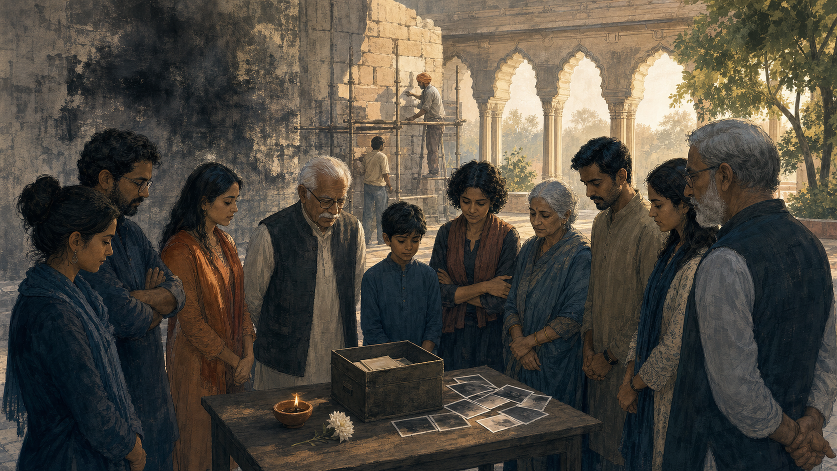 Indian adults of different generations gather around an archive box, photographs, a clay lamp, and a flower in a stone courtyard with a weathered wall under repair.